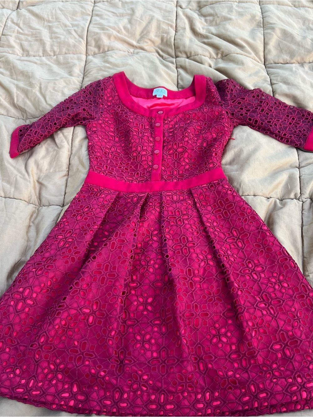 ALICE by Temperley Red Eyelet Overlay Long Sleeve A-Line Mini Dress Size 2